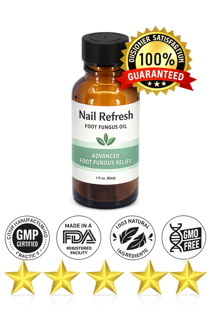 Nail Refresh Foot Fungus Oil bottle with customer satisfaction guarantee badge and product quality certification icons