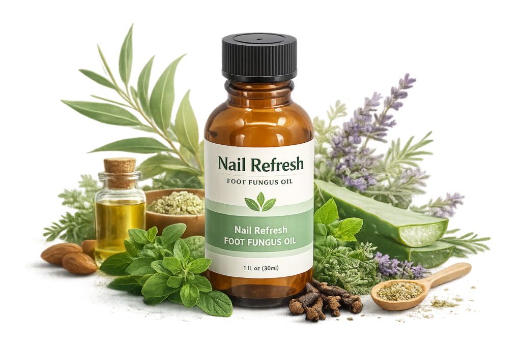Nail Refresh Foot Fungus Oil 1 fl oz bottle surrounded by natural botanical ingredients including oregano, tea tree leaves, aloe vera, clove buds, lavender, sweet almond oil and herbal extracts on dark background
