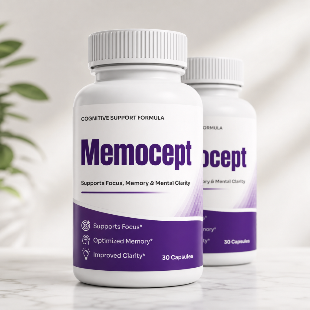 Memocept cognitive support supplement 2-bottle lifestyle shot on marble surface – 30 capsules supporting focus optimized memory and mental clarity