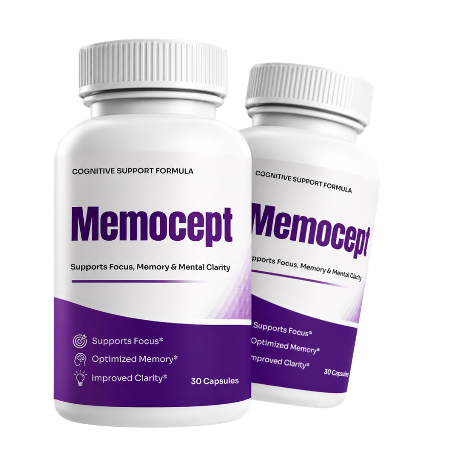 Memocept cognitive support supplement 2-bottle pack on transparent background – 30 capsules supporting focus optimized memory and improved mental clarity